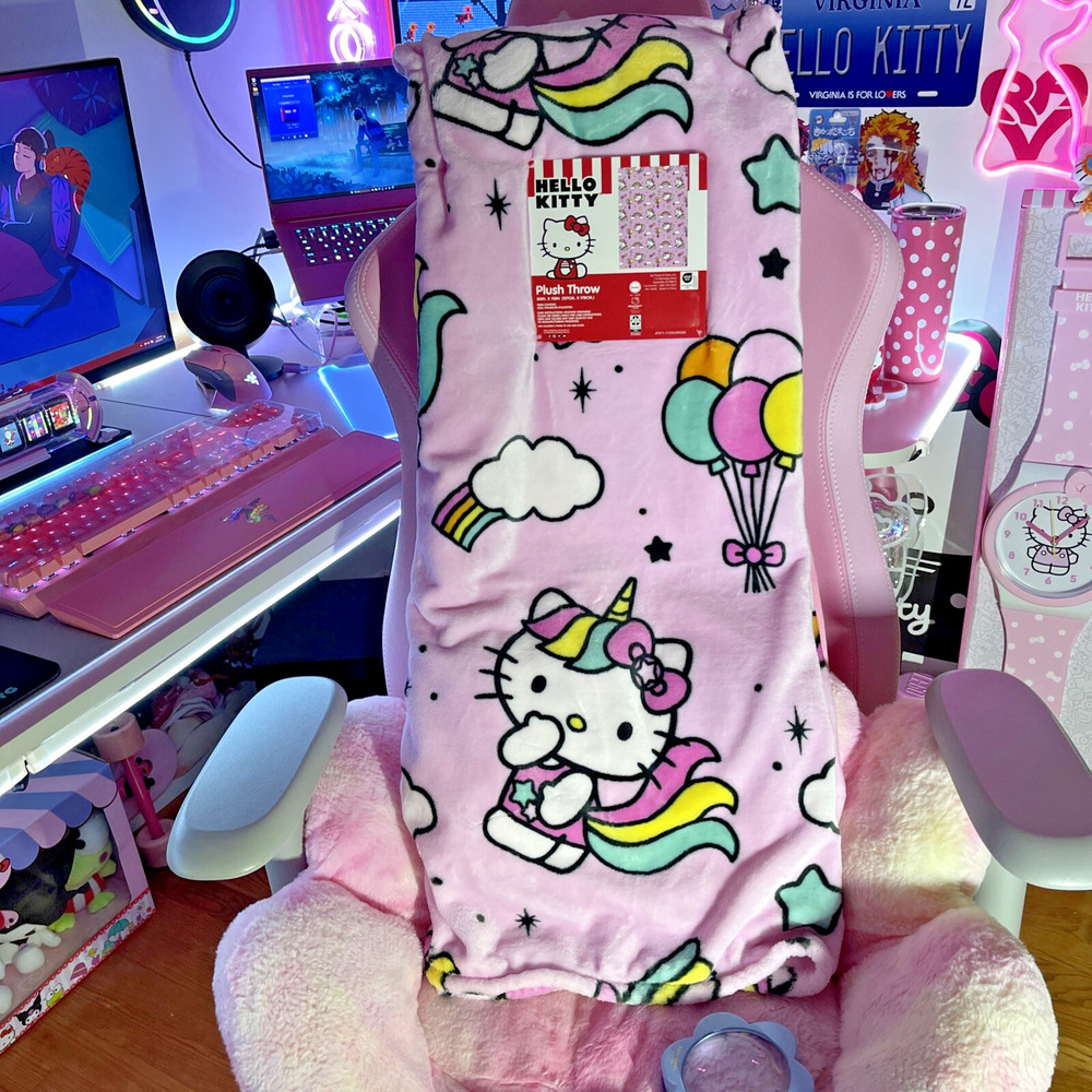 Hello Kitty Plush Throw Blanket Pink Unicorn Balloons Clouds Stars 2025 Sanrio